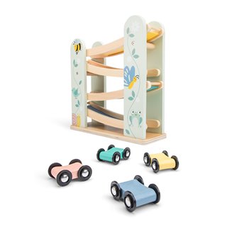 Houten autobaan met 4 auto's